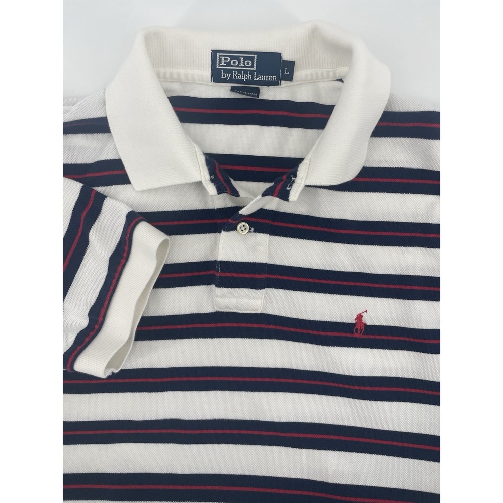 Polo Ralph Lauren Polo Shirt Men Lg Blue White Red Striped Short Sleeve Nautical
